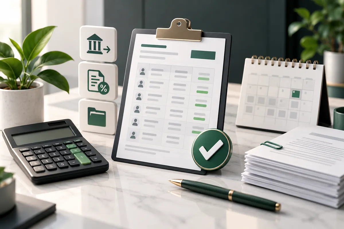 Payroll documents, calculator, and financial checklist on a desk