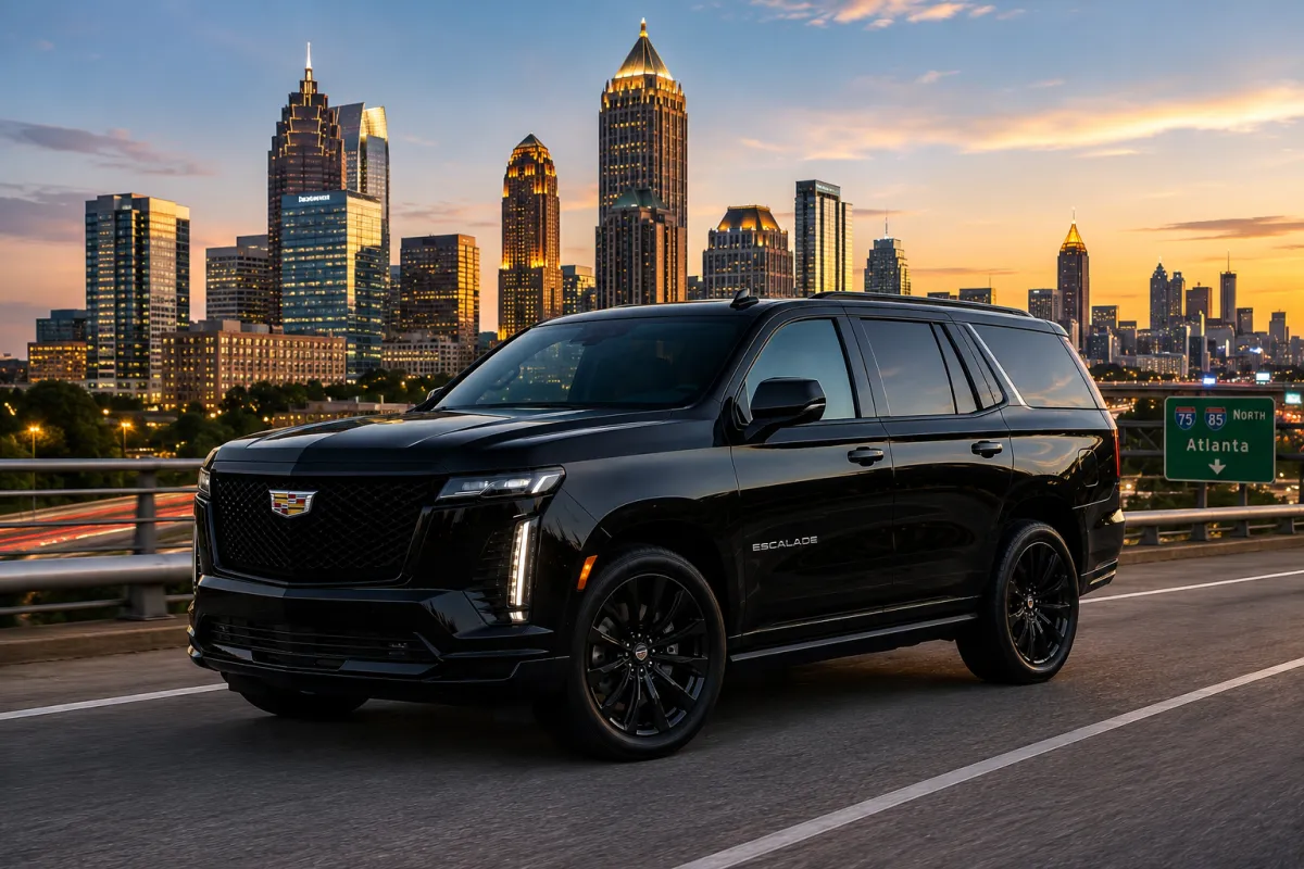 Luxury black SUV with city lights