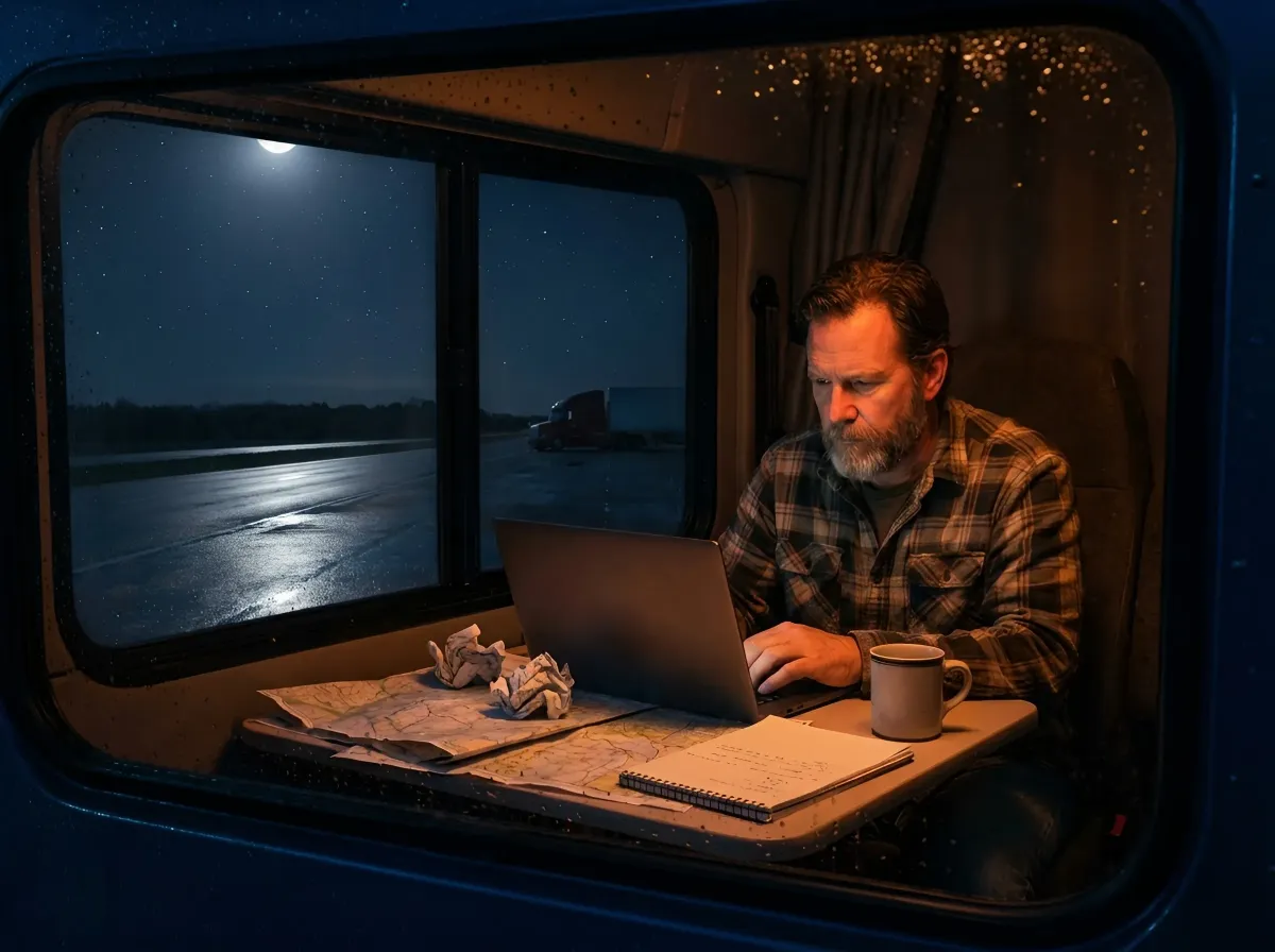 trucker on laptop doing research in truck cab at night