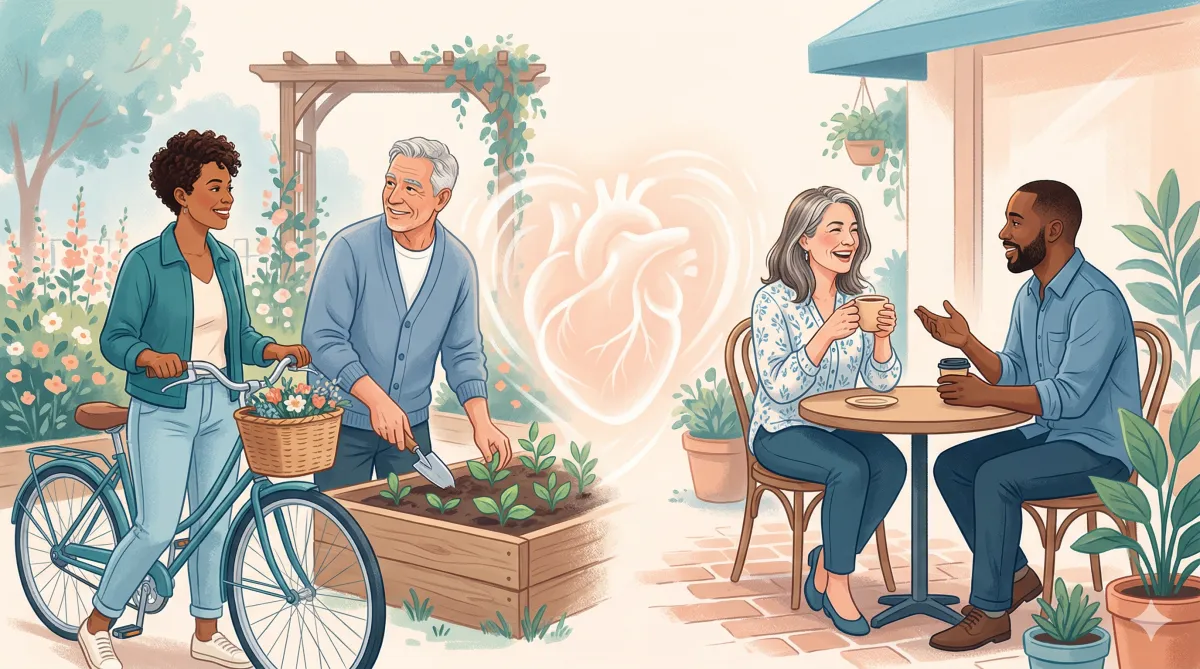 Diverse group of adults enjoying everyday activities like gardening, biking, and having coffee, with a glowing heart motif symbolizing cardiovascular health.