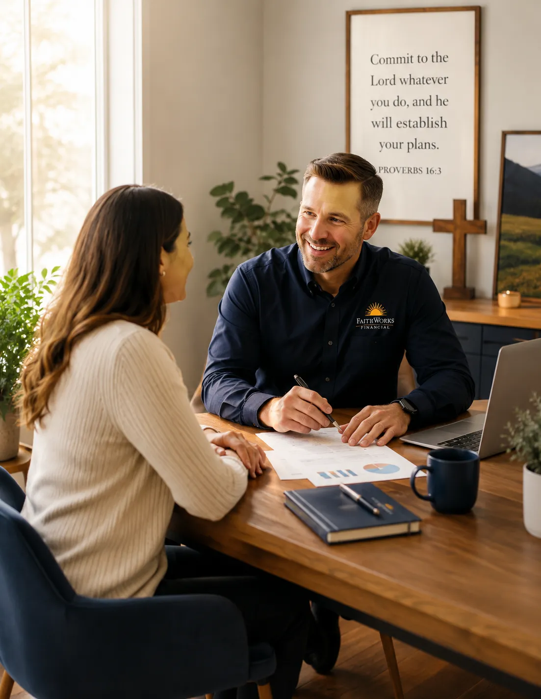 A welcoming financial advisor meeting with a client in a bright office