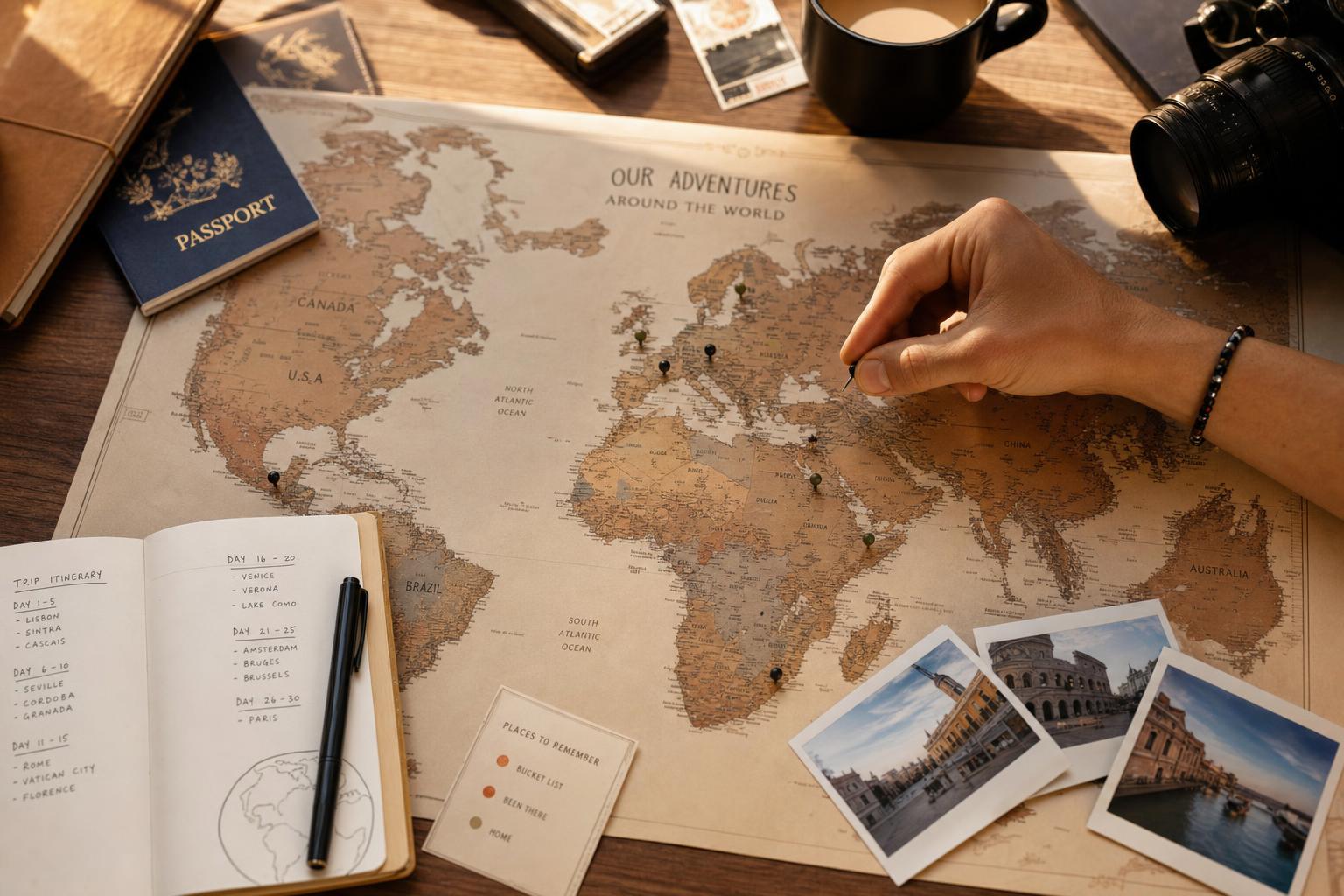 Map on a desk with a travel planning journal, passport and travel polaroids