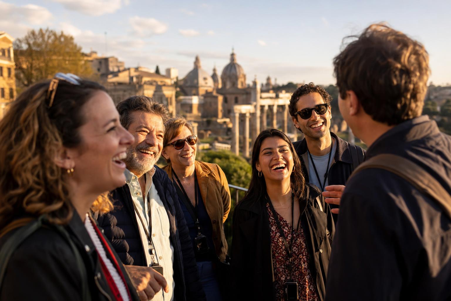 A group of friends laugh and talking in a historic European City