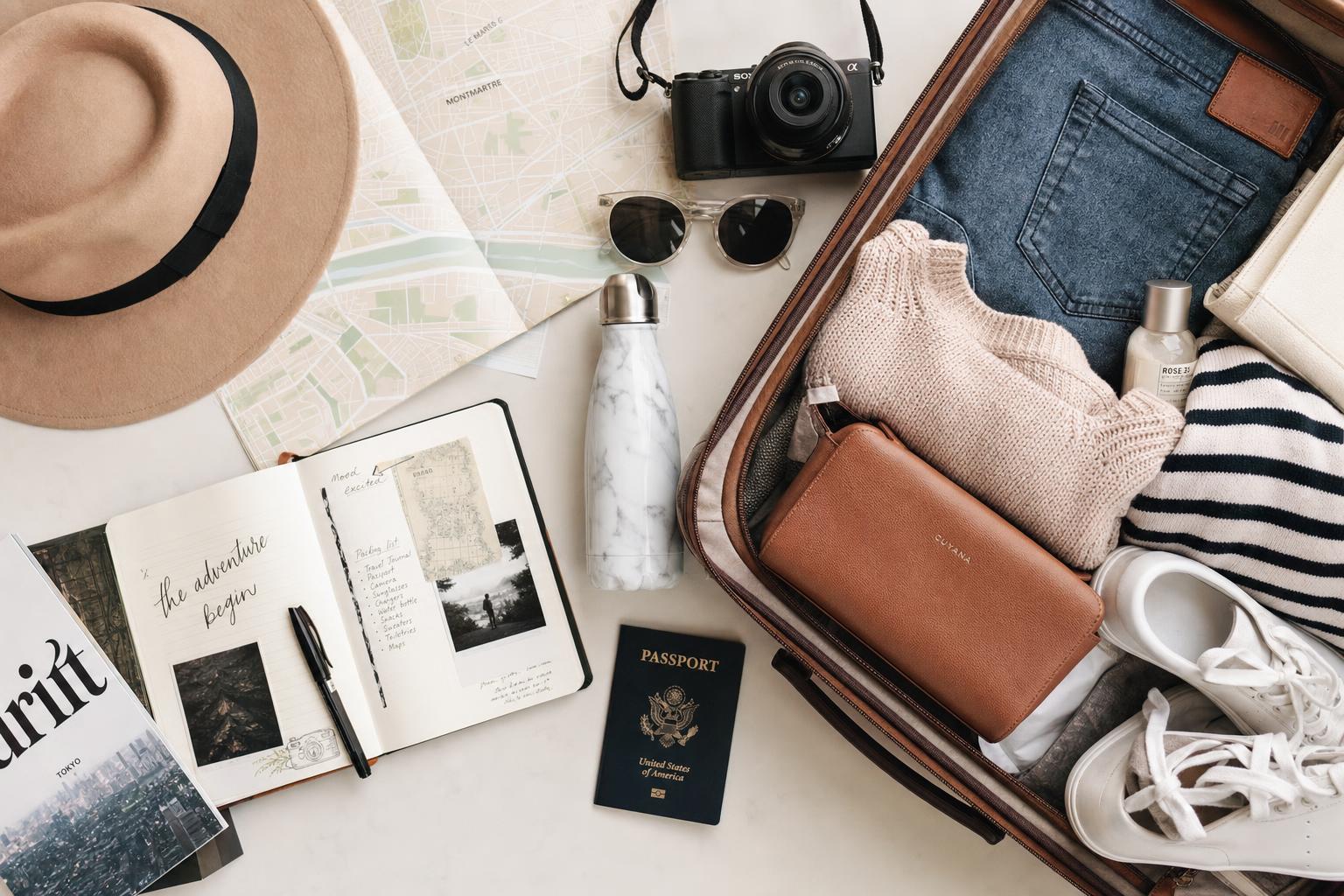 Scene with a hat tin the top left, sunglass, passport & binoculars in the middle and on the right a open packed suitcase