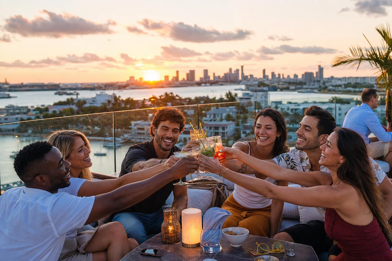 a diverse group of friends toasting drink with a sunset ocean view in the back ground