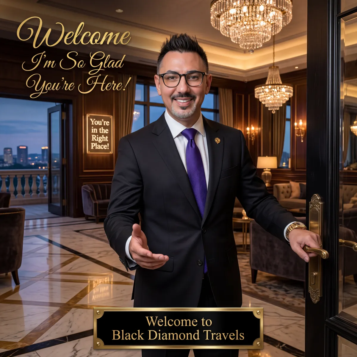 Travel Advisor in Black suite & purple tie welcoming you to Black Diamond Travels