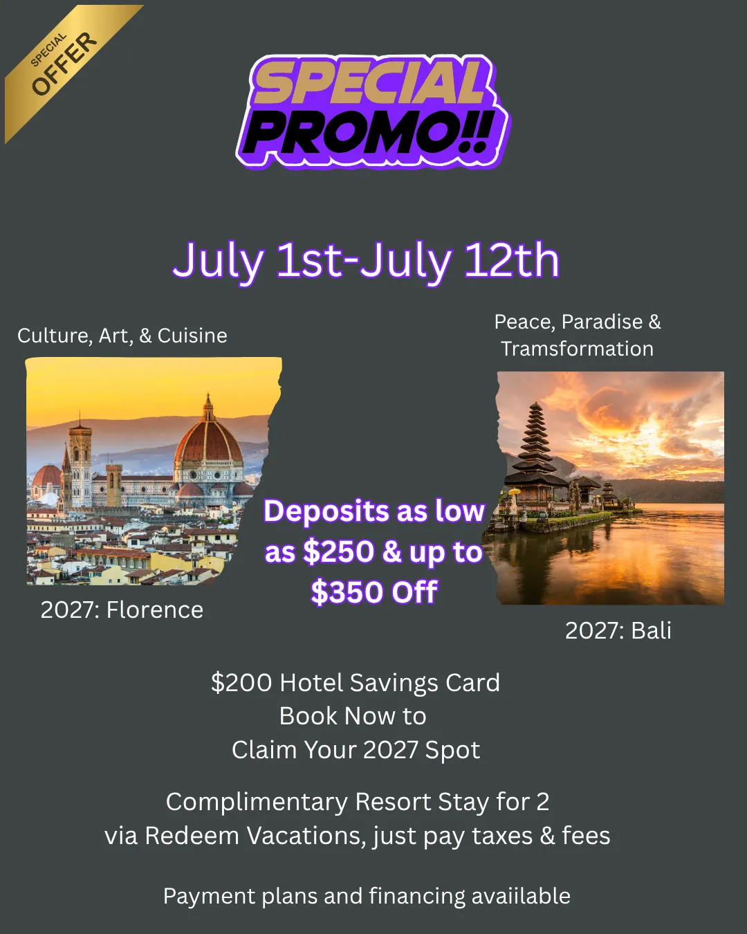 A widescreen promotional banner split into two panels for Black Diamond Travel Collective's 2027 luxury group trips. The left side features a golden sunset over the historic city skyline and Duomo of Florence, captioned "2027: Florence, Culture, Art, & Cuisine." The right side shows a couple relaxing by a luxury infinity pool overlooking lush green jungle rice terraces in Bali, captioned "2027: Bali, Peace, Paradise, & Transformation." A festive gold party hat sits in the center with "Chris’s Birthday Bash Promo" text. A royal purple banner at the bottom highlights special offers: deposits as low as $99, a free Travel Elite Membership, a $200 Hotel Savings Card, and a complimentary resort stay for two via Redeem Vacations all June long.