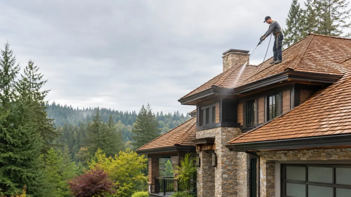 Luxury Pacific Northwest home with restored cedar shake roofing being professionally cleaned by a roof maintenance technician.