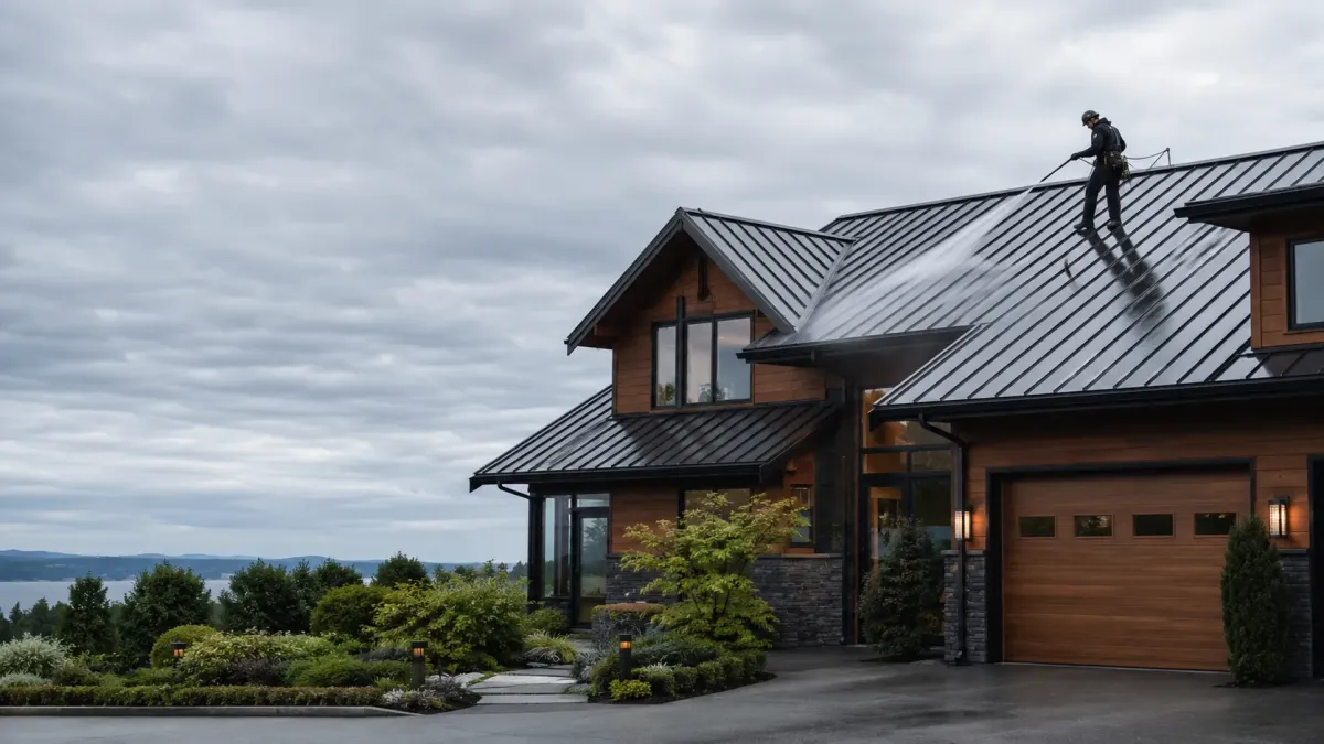 Modern Kirkland luxury home with a standing seam metal roof being professionally cleaned under soft Pacific Northwest daylight.