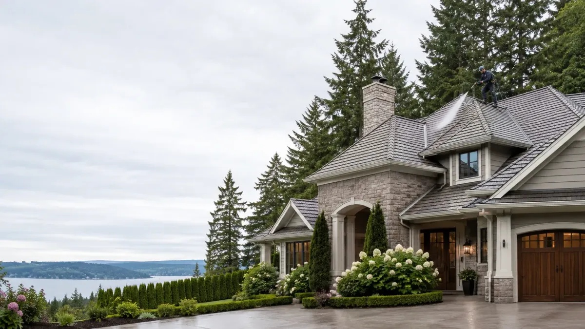 Upscale Kirkland home with a freshly cleaned roof receiving professional moss prevention treatment near mature Pacific Northwest trees.