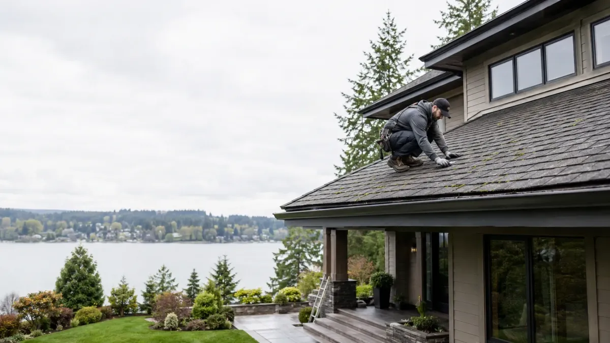 Annual roof maintenance inspection on a high-end Kirkland home with clean gutters, healthy shingles, and Pacific Northwest landscaping.