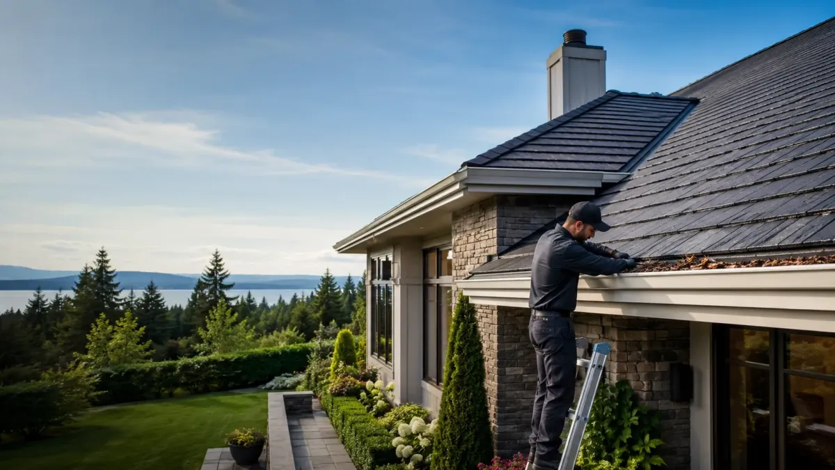 Professional gutter cleaning on a premium Kirkland home after roof cleaning, with leaves removed from seamless gutters.