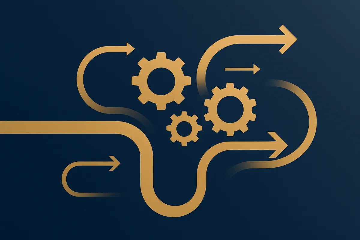 Abstract illustration of interlocking gears and flowing arrows representing automated business workflows
