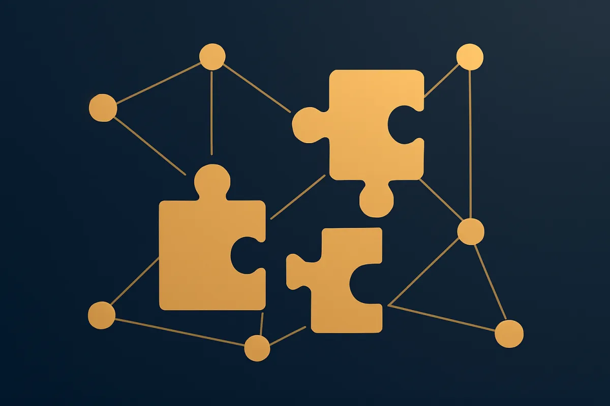 Abstract illustration of connected network nodes representing API integrations between systems