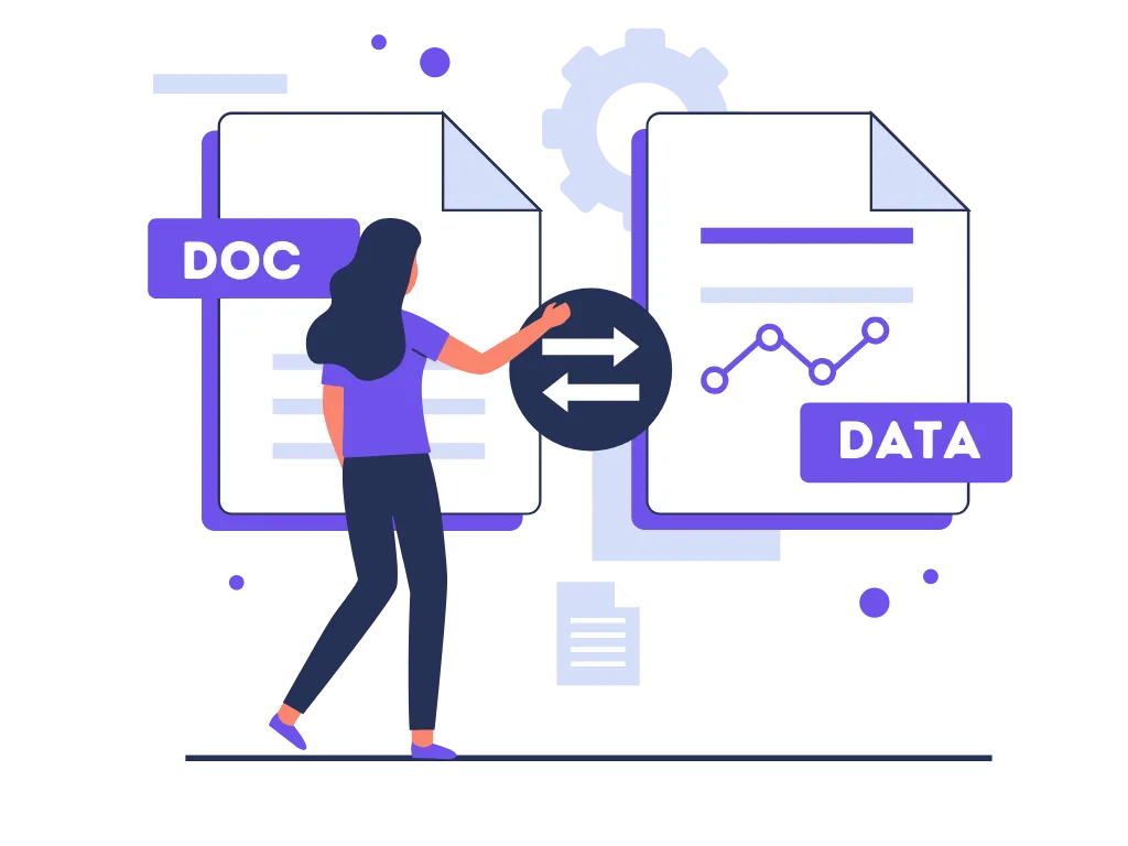 Graphic depicting the process of converting paper documents into digital data for streamlined management.