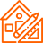 Image shows orange outline of a house-like structure with a pencil and speed square in the bottom right corner.
