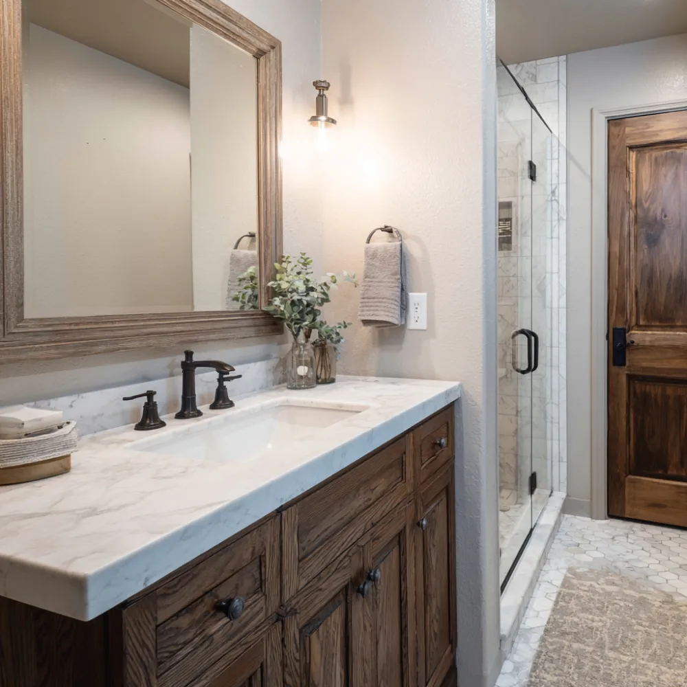 Bathroom remodel in Logan Utah featuring double vanity, custom cabinetry, and modern finishes
