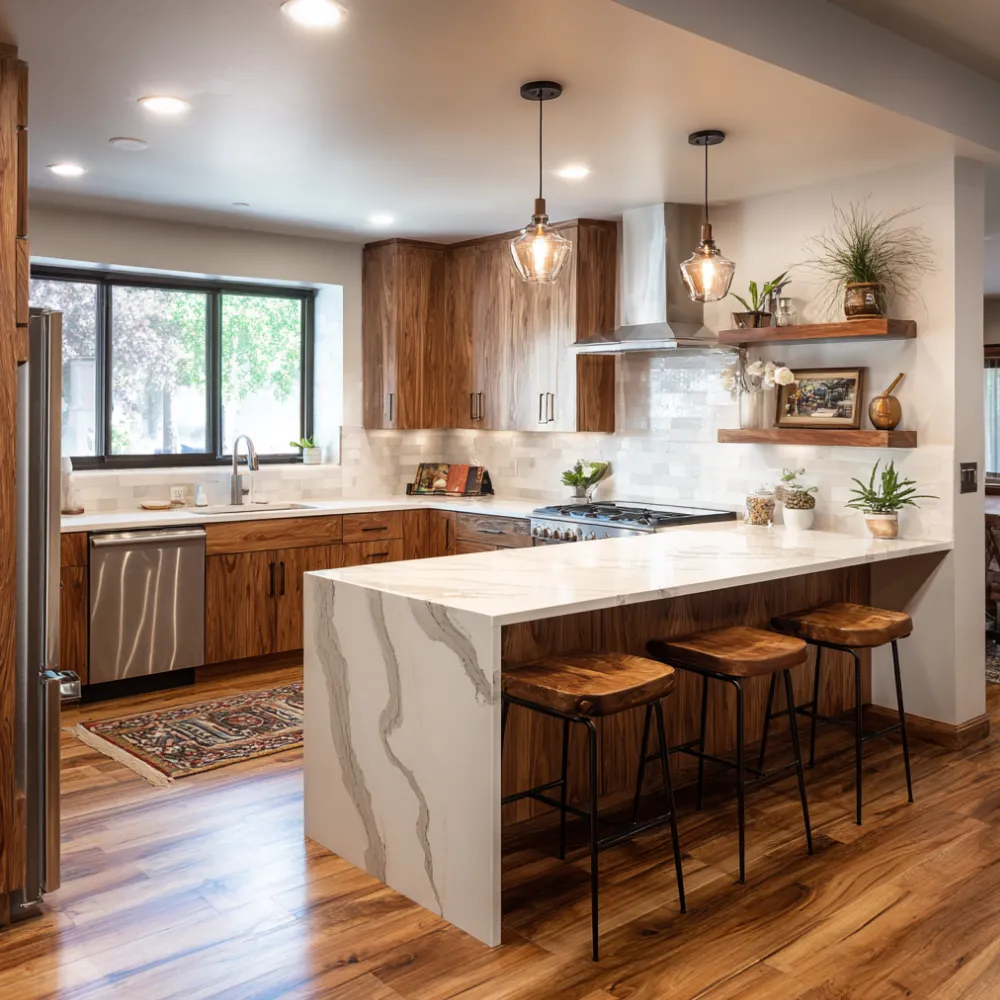 Modern bathroom remodel with walk-in shower and double vanity