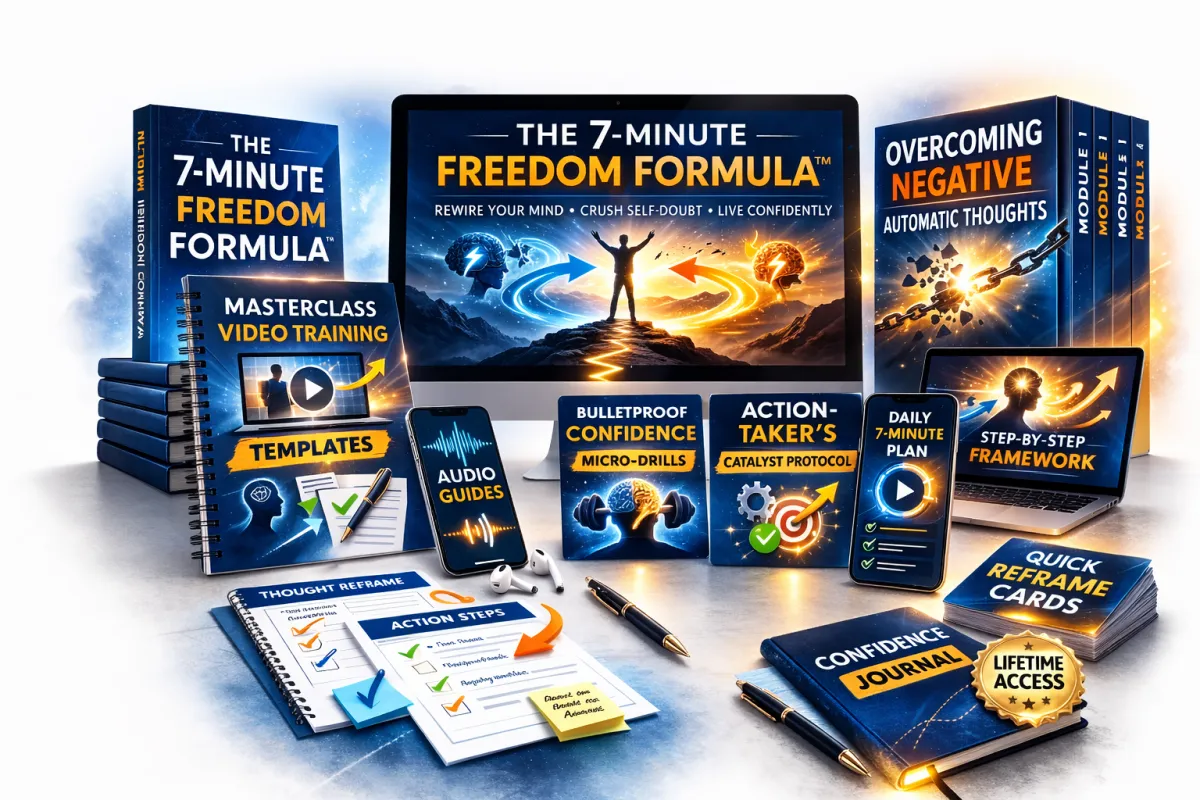 7-Minute Freedom Formula course bundle including Masterclass, Spiral Stopper templates, and Bulletproof Confidence drills.