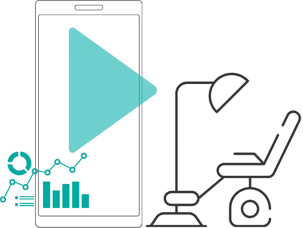Video dental marketing graphic with dental chair, mobile phone, and analytics icons for dental practice marketing