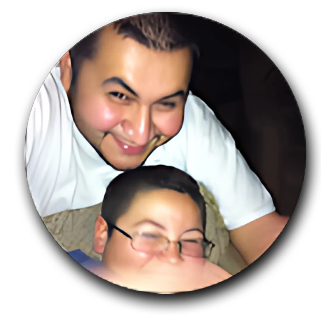A men and child with image cropped into a circular frame.