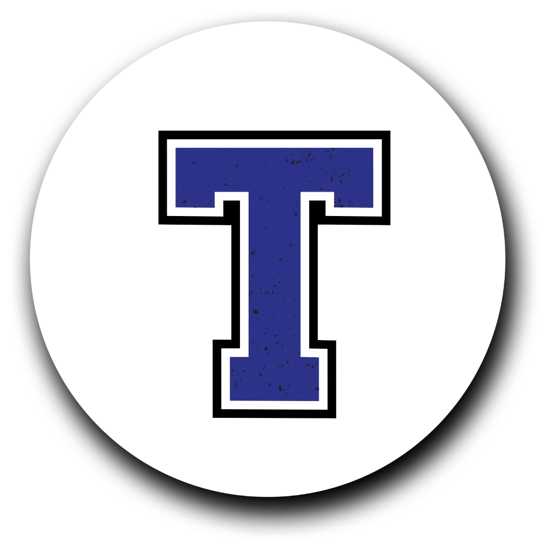 Blue letter "T" with a white outline