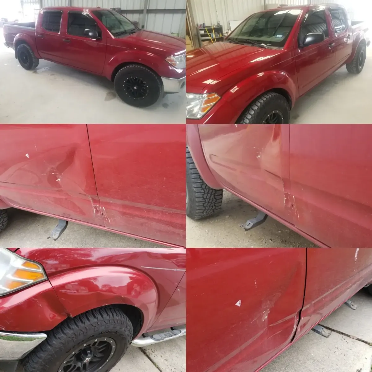 scratch and dent repair on red truck after car wreck