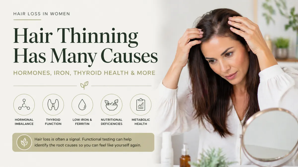 woman working on laptop experiencing early signs of hair thinning and fatigue