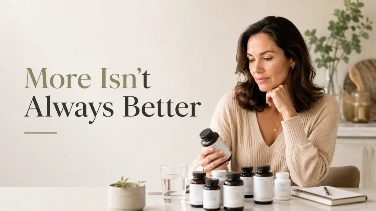 woman organizing supplements and wellness capsules while reconsidering her health routine