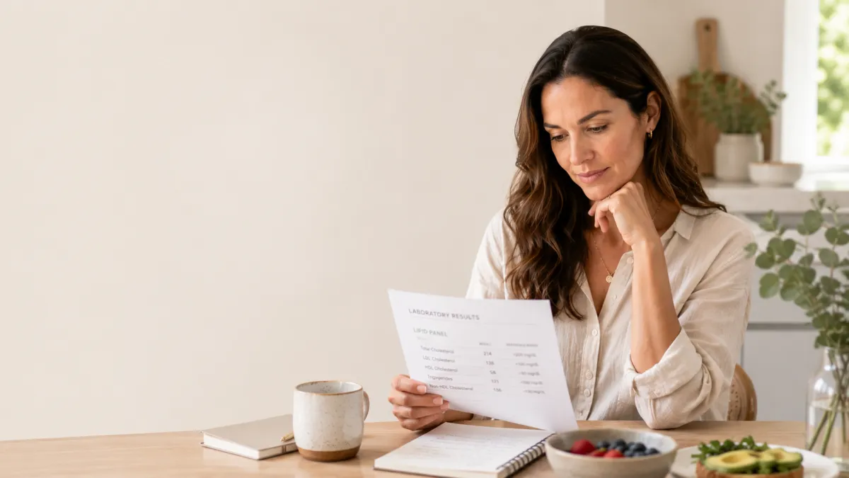 woman reviewing cholesterol lab results while learning how hormones and heart health are connected