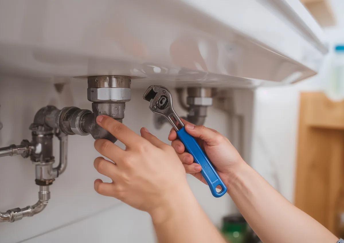 Technician tightening plumbing pipes under a sink during installation
