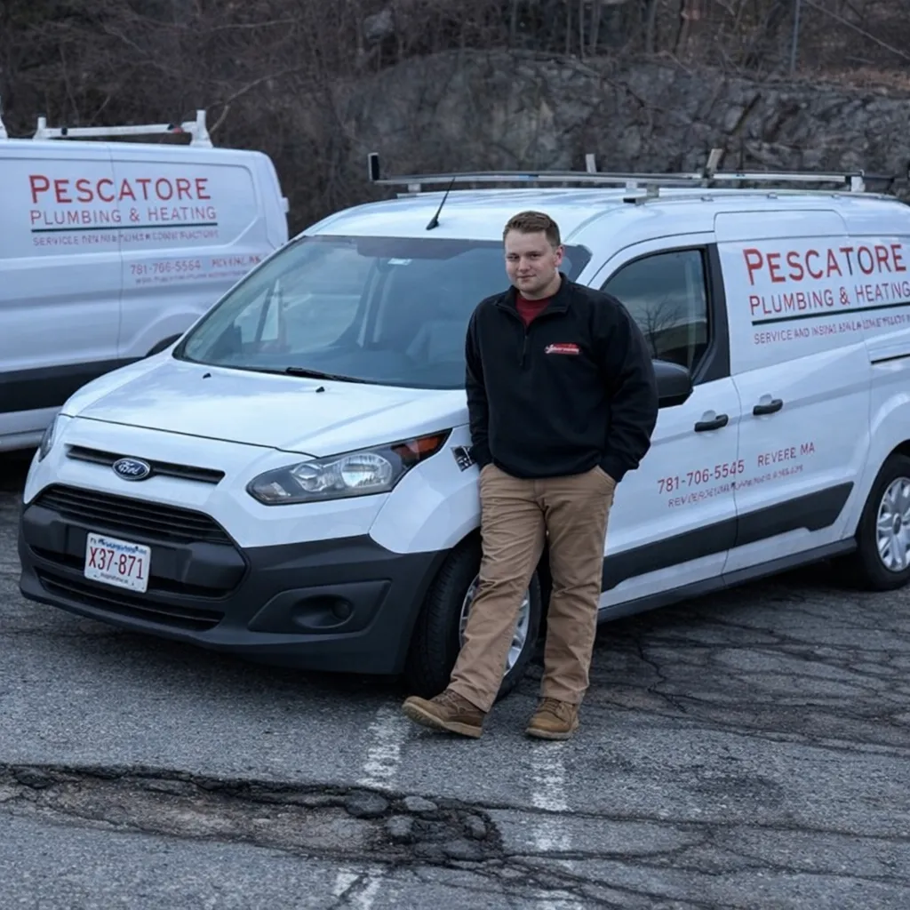 Pescatore Plumbing technician standing in front of branded service van in Boston