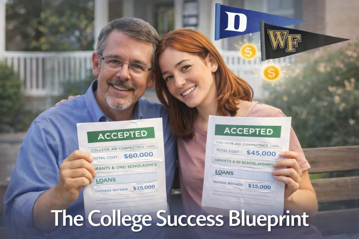 Happy Father and Daughter with acceptance letters from Duke and Wake Forest Universities and Clark College Consulting clients
