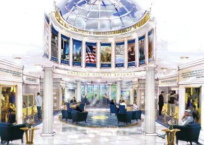 Interior of the Buffalo Pacific prototype designed by Drake Architecture, showcasing a harmonious blend of traditional federalist-style architecture with modern 3D virtual reality technology, featuring a central rotunda and seating area.