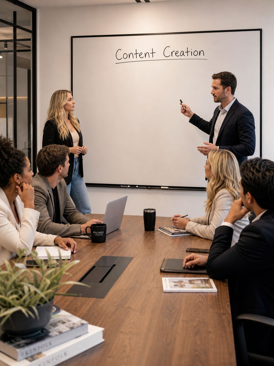 real estate agents in a conference room discussing content creation
