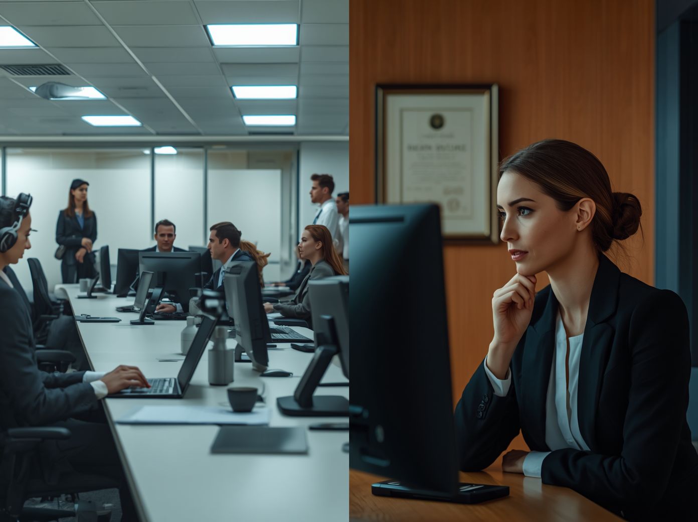 split screen group using someone elses ai and a woman using company proprietary ai