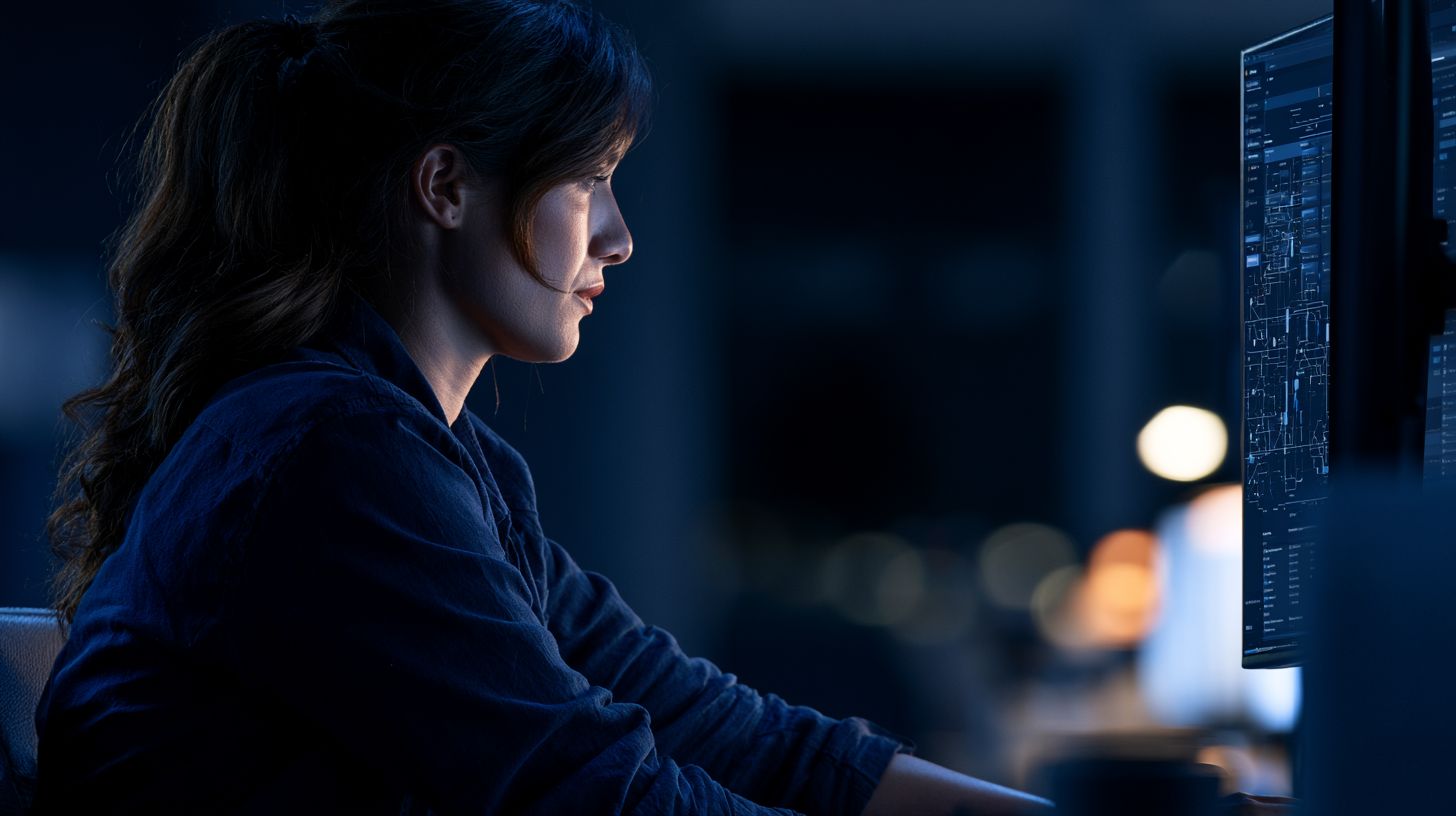 a confident real estate broker in a modern dark office reviewing a proprietary ai dashboard
