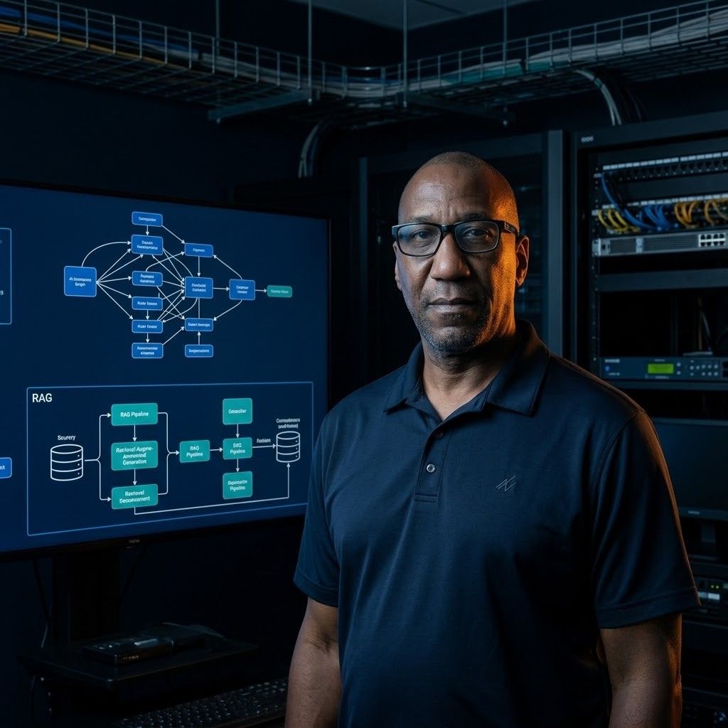 jeff tucker builder operator standing calm and unflashy in a dark data center systems workspace