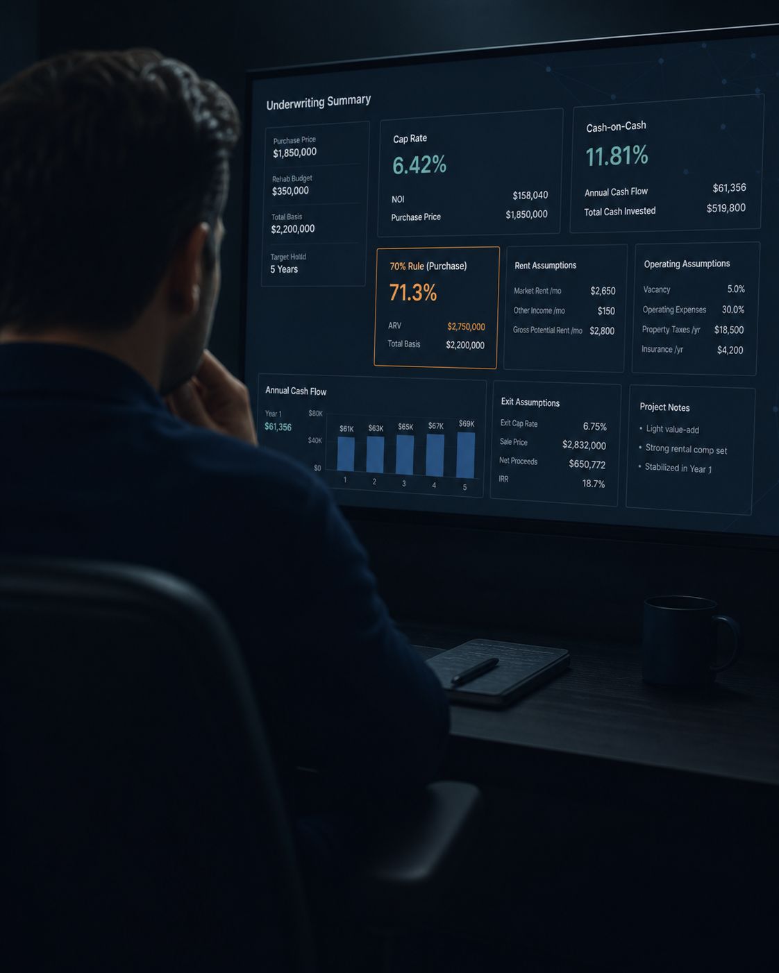 over the shoulder of an investor and a monitor showing a first pass underwriting readout