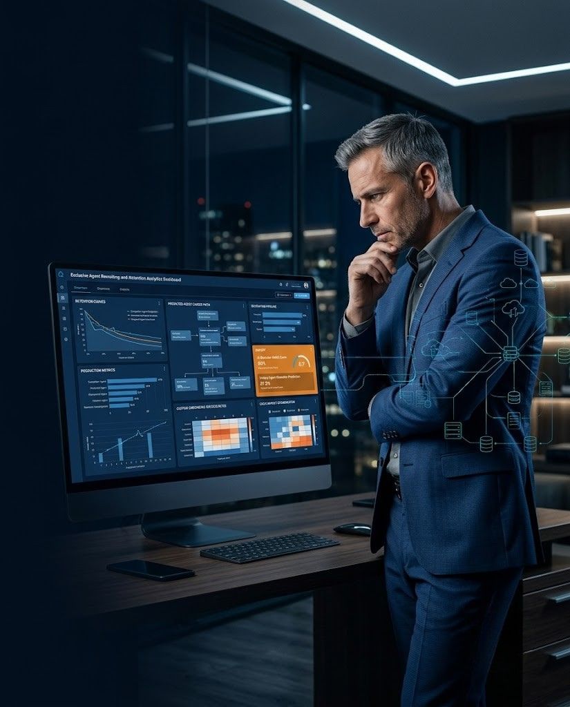 a brokerage owner 45-55 in a modern dark office reviewing an agent recruiting and retention analytics dashboard on a large monitor