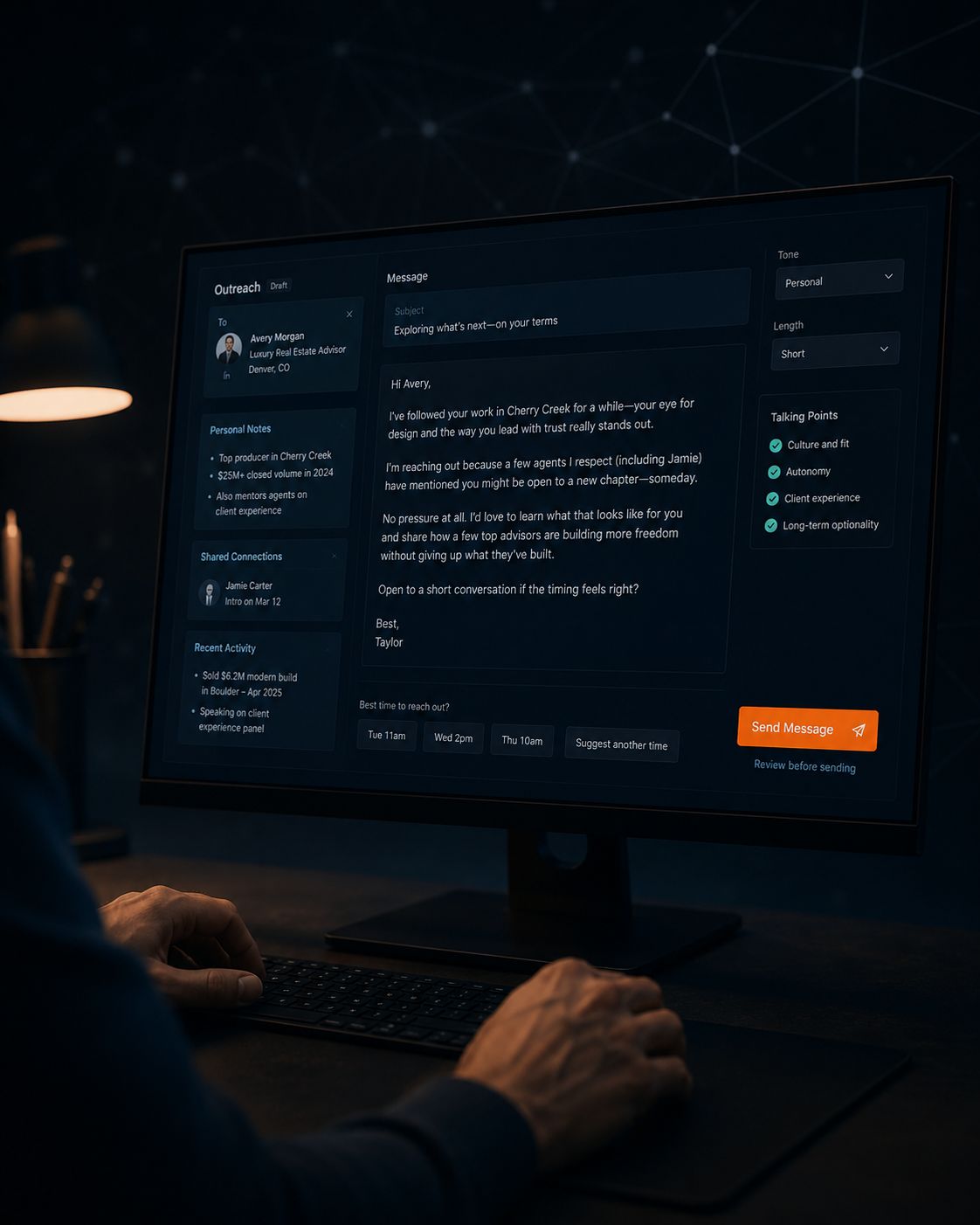 a close up of a monitor showing a personalized recruiting outreach draft addressed to a target agent 2