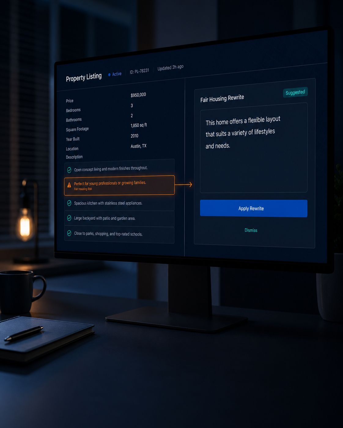 a monitor showing a property listing being screened one line flagged as a Fair Housing risk glowing