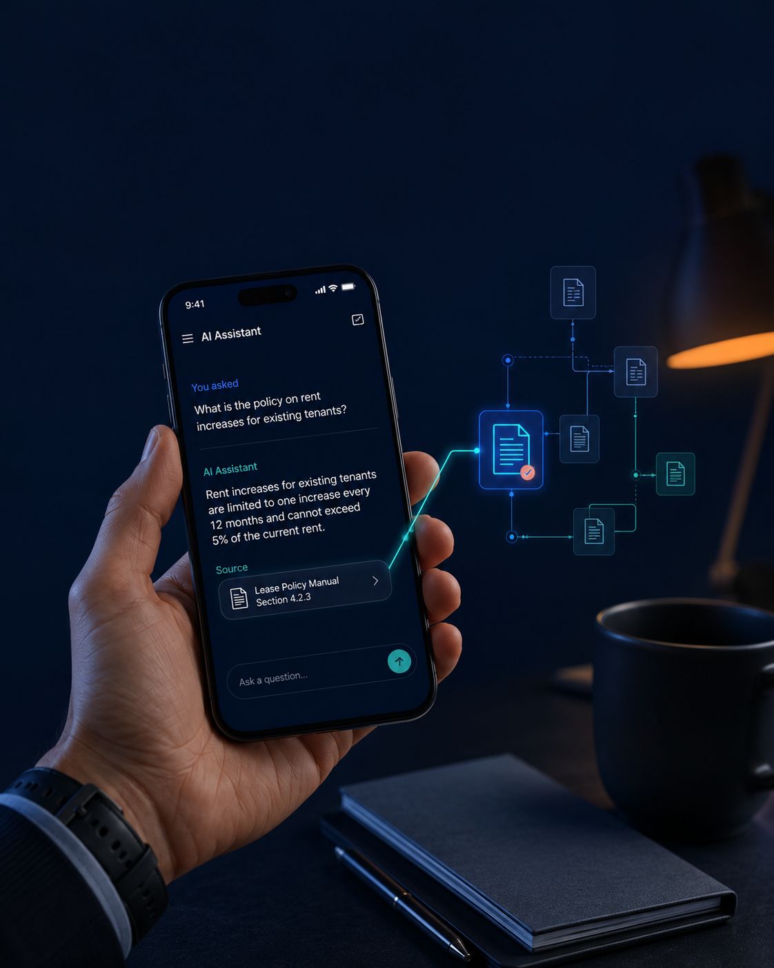 an agent holding a phone showing a plain english policy question answered instantly