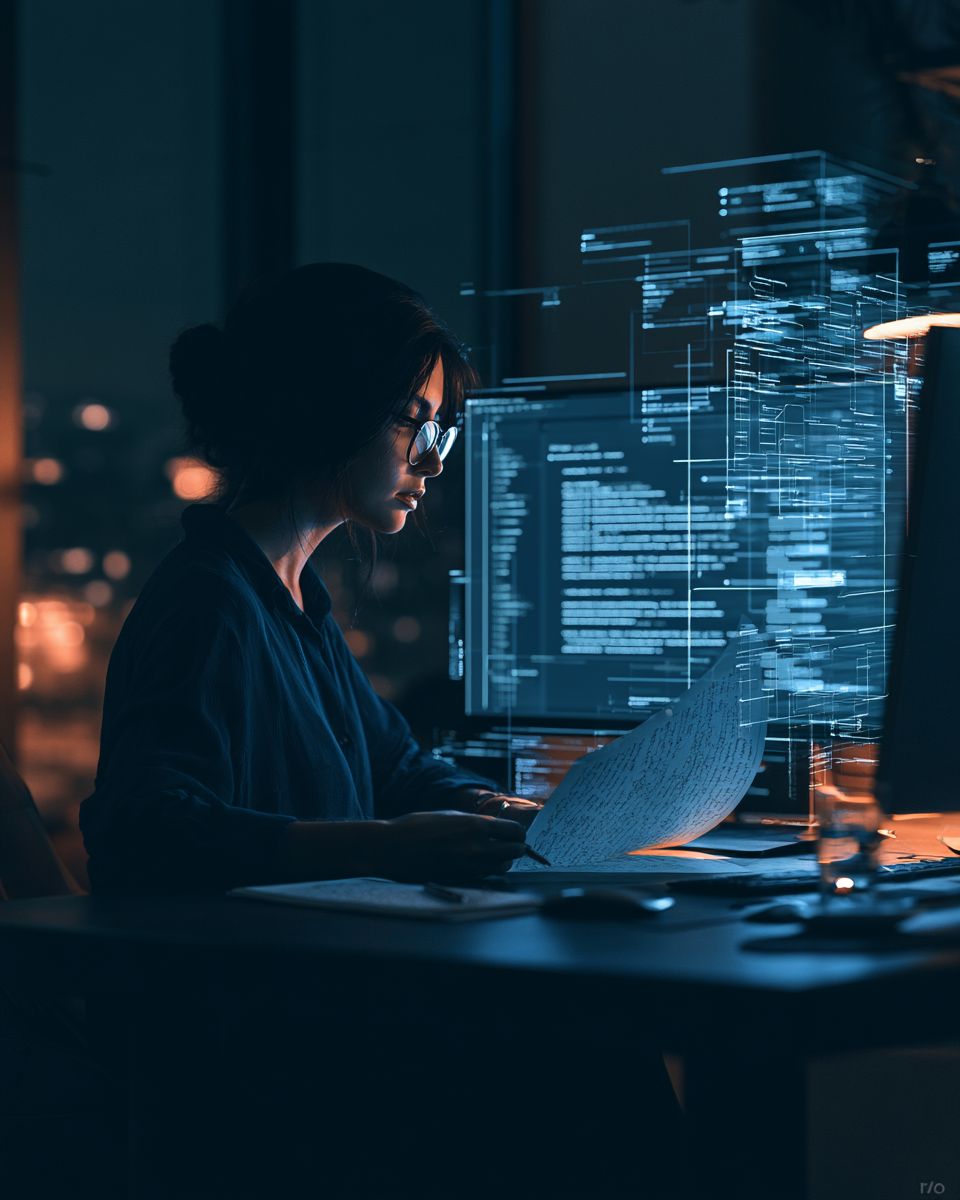 a listing agent 28 45 at a dark modern desk turning a page of handwritten property notes into polished marketing copy on screen