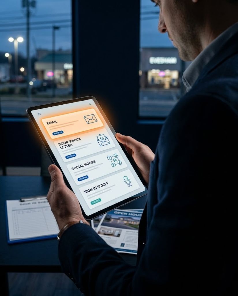 an agent prepping for an open house a tablet in hand showing a generated campaign as neat ui cards