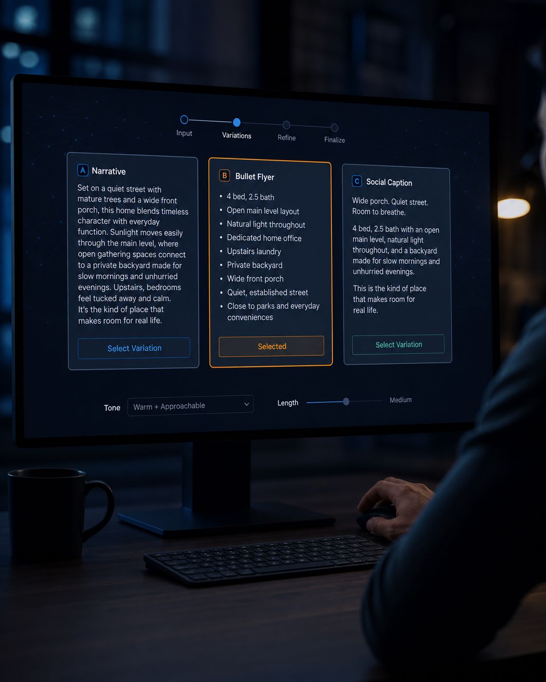 a monitor showing three distinct listing variations side by side a narrative a bullet flyer a social caption