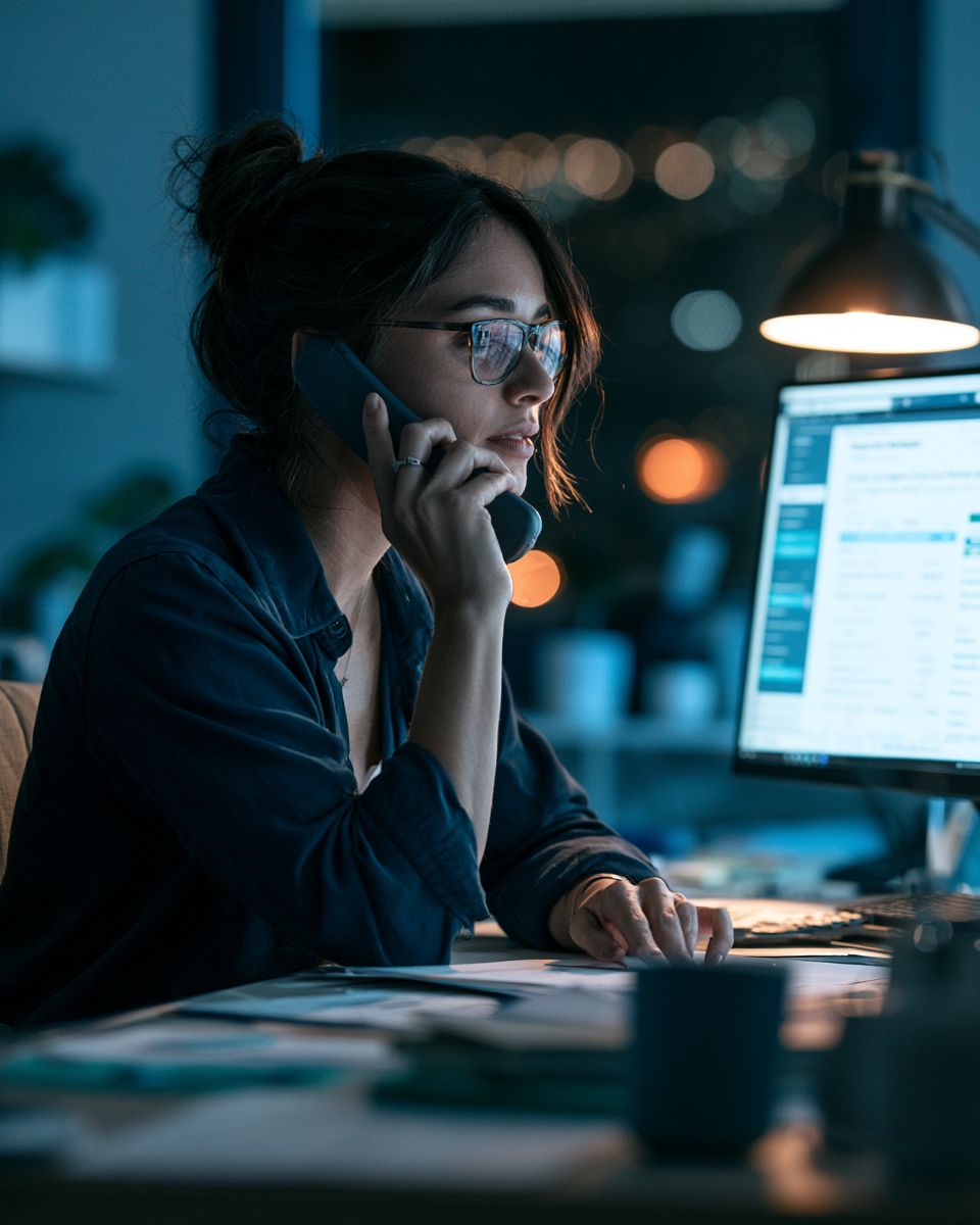 a listing agent on a calm phone call at a desk