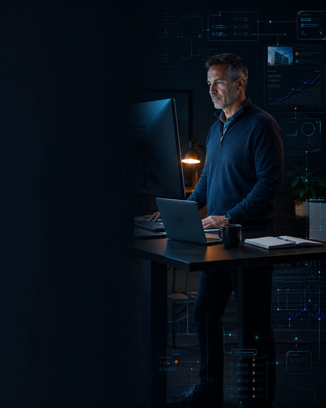 an investor coach 40 58 at a standing desk reviewing a students deal