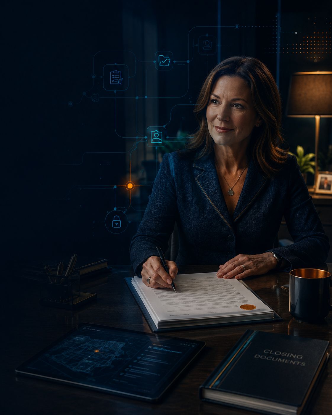 a poised title professional at a closing table in a warm-but-premium dark office