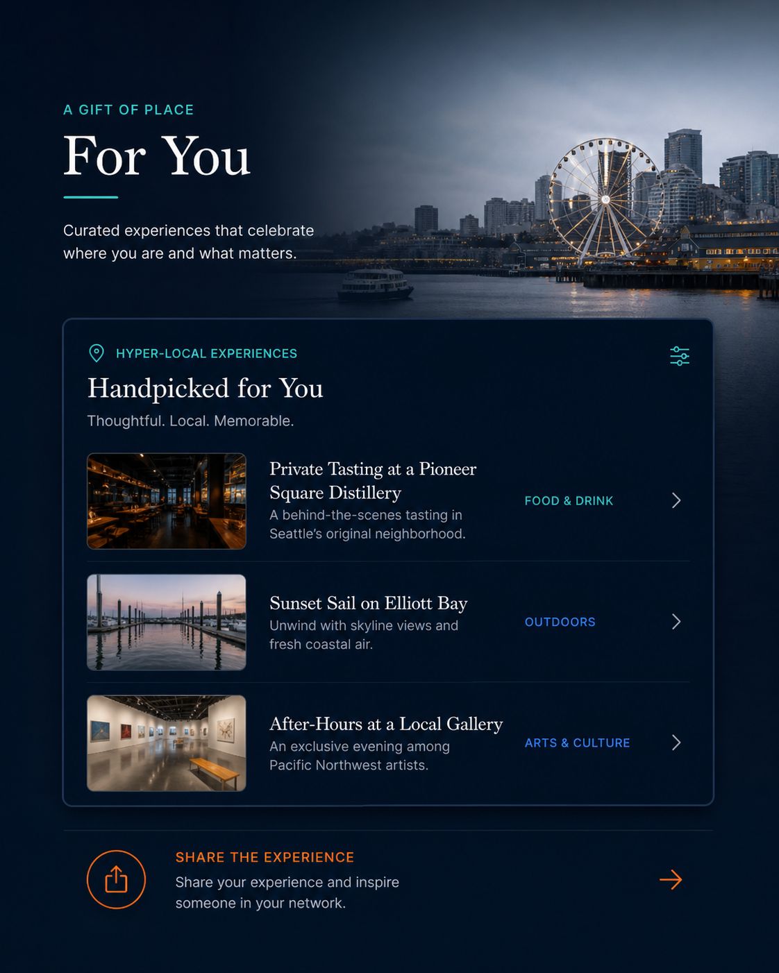 a tasteful hyper local experiential closing gift concept presented as a curated local experience